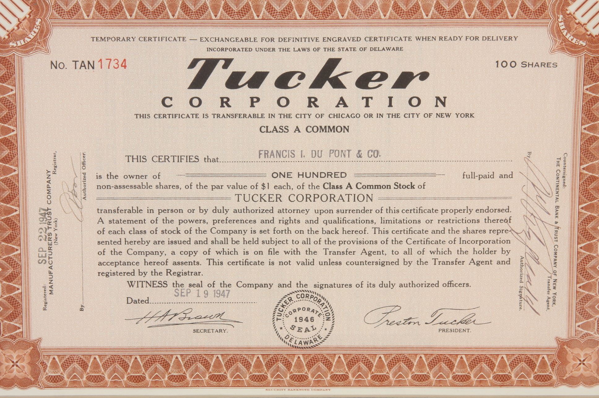 Tucker Corporation Stock Certificate