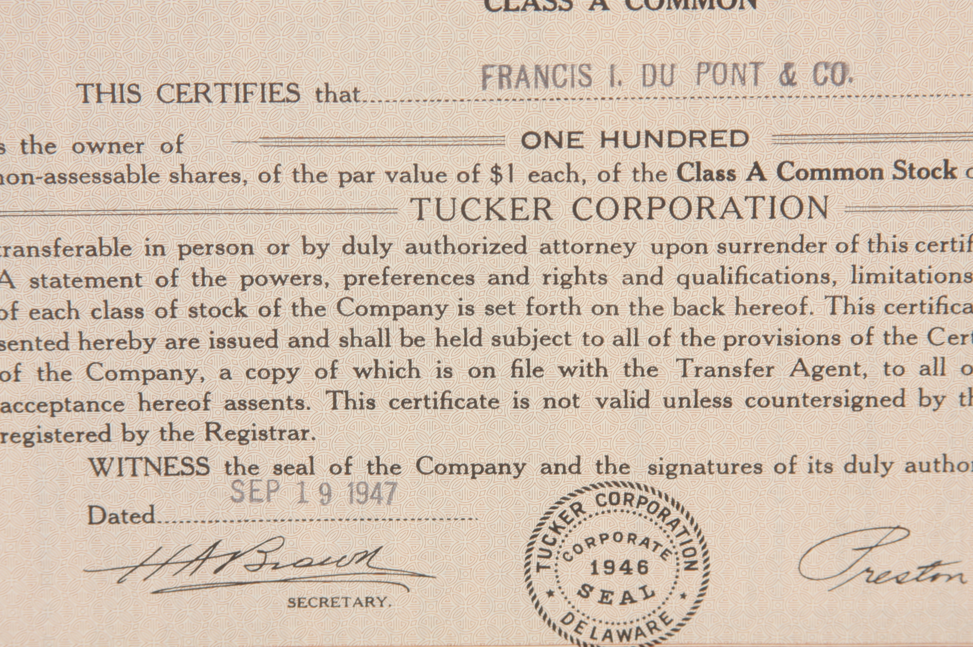 Tucker Corporation Stock Certificate