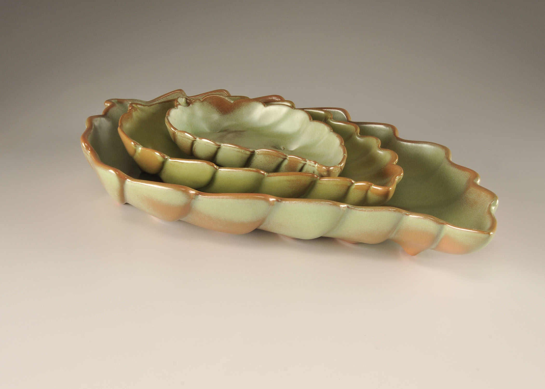 Set of Three Frankoma Pottery Nesting Leaf Dishes