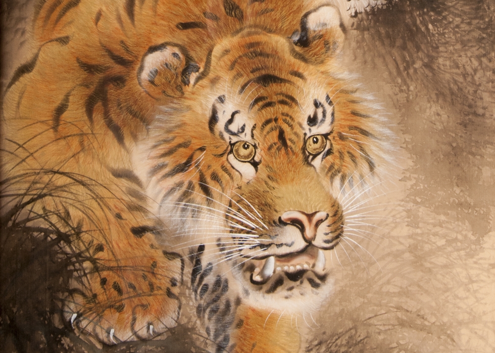 Vintage Chinese silk painting of a Crouching Bengal Tiger with intricate handpainted detail