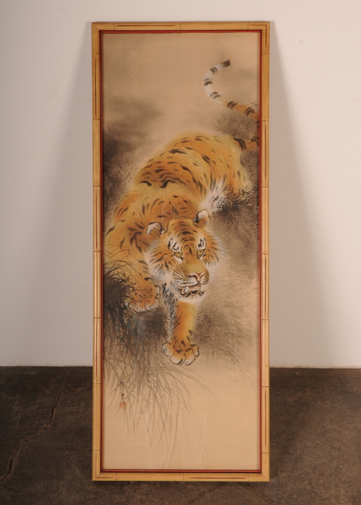 Vintage Chinese silk painting of a Crouching Bengal Tiger with intricate handpainted detail