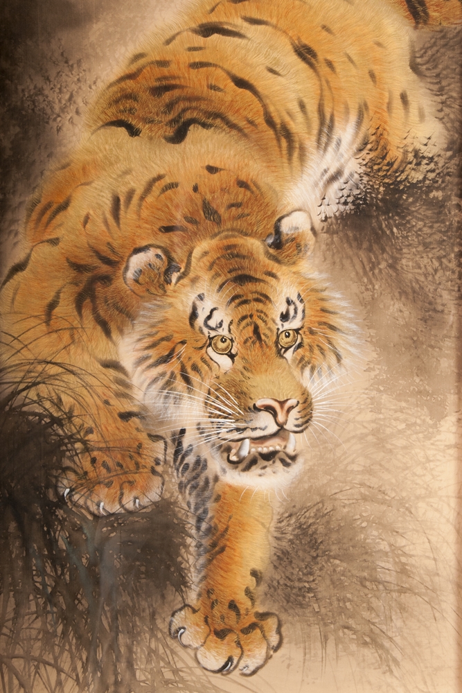Vintage Chinese silk painting of a Crouching Bengal Tiger with intricate handpainted detail