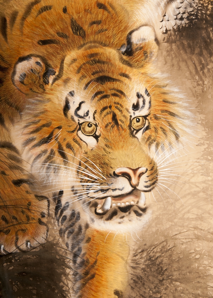 Vintage Chinese silk painting of a Crouching Bengal Tiger with intricate handpainted detail