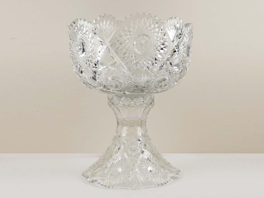 Antique Fine Crystal Cut Glass Punch Bowl on Pedestal