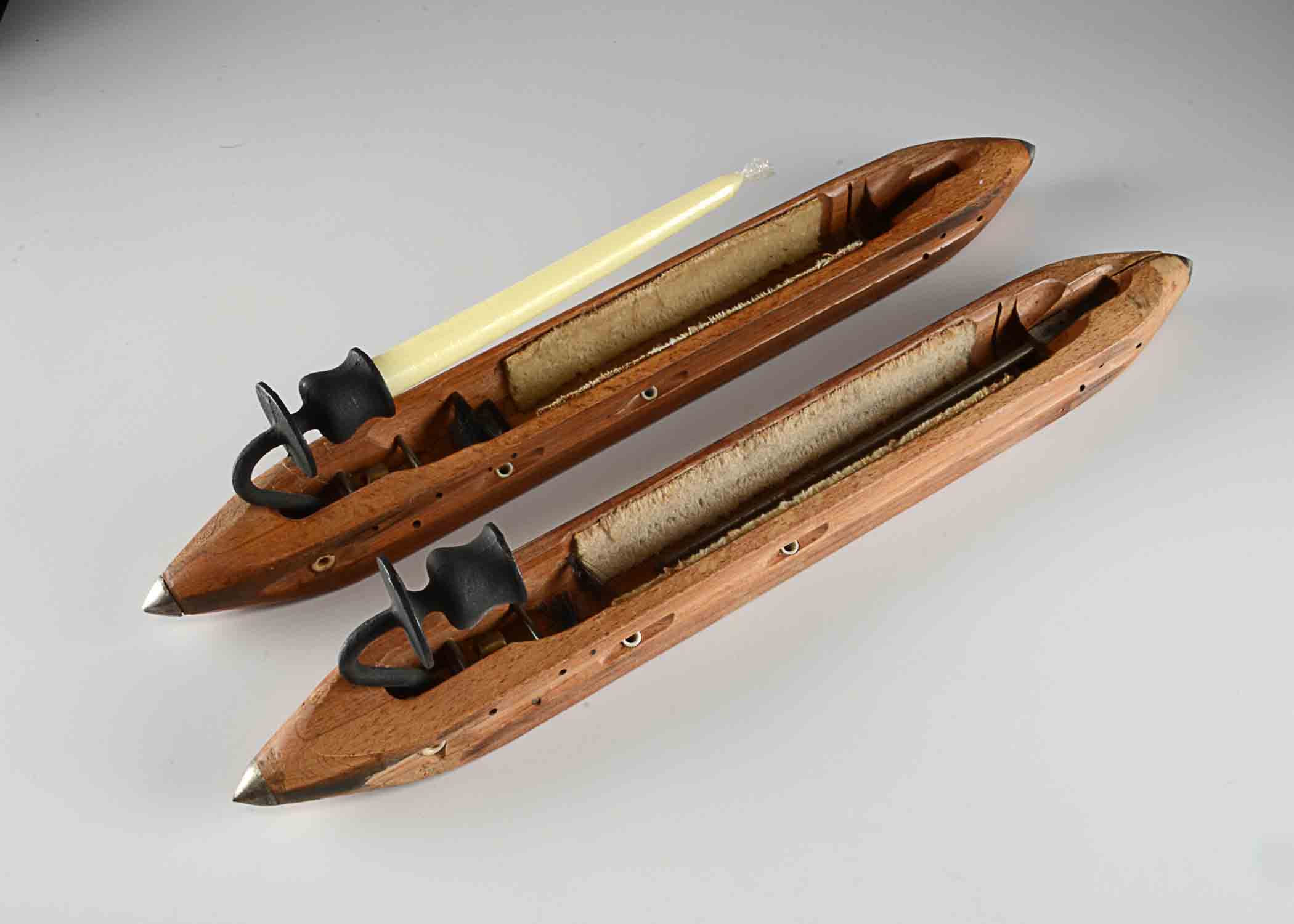 Two vintage hardwood Shuttle Loom Sconces