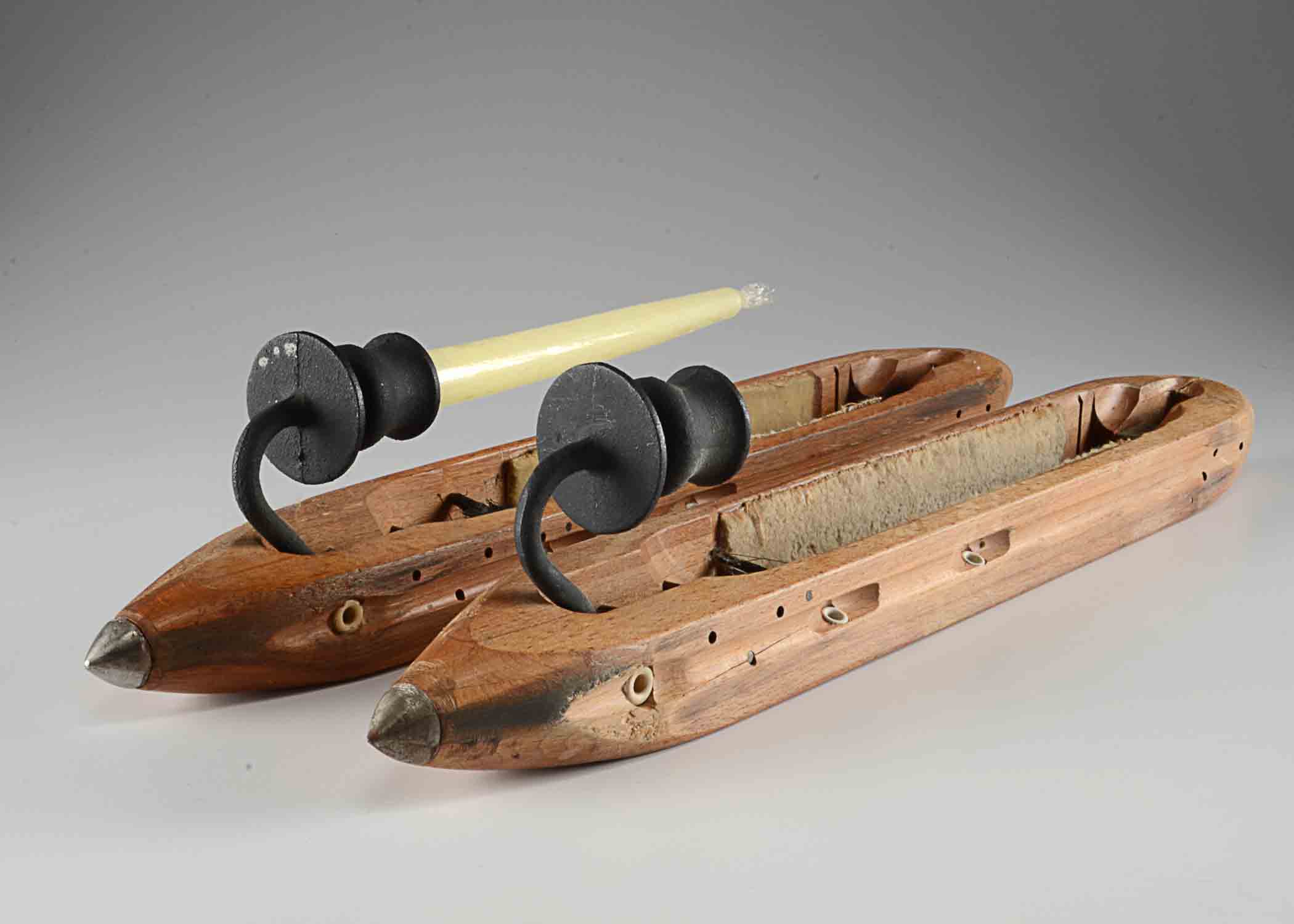 Two vintage hardwood Shuttle Loom Sconces