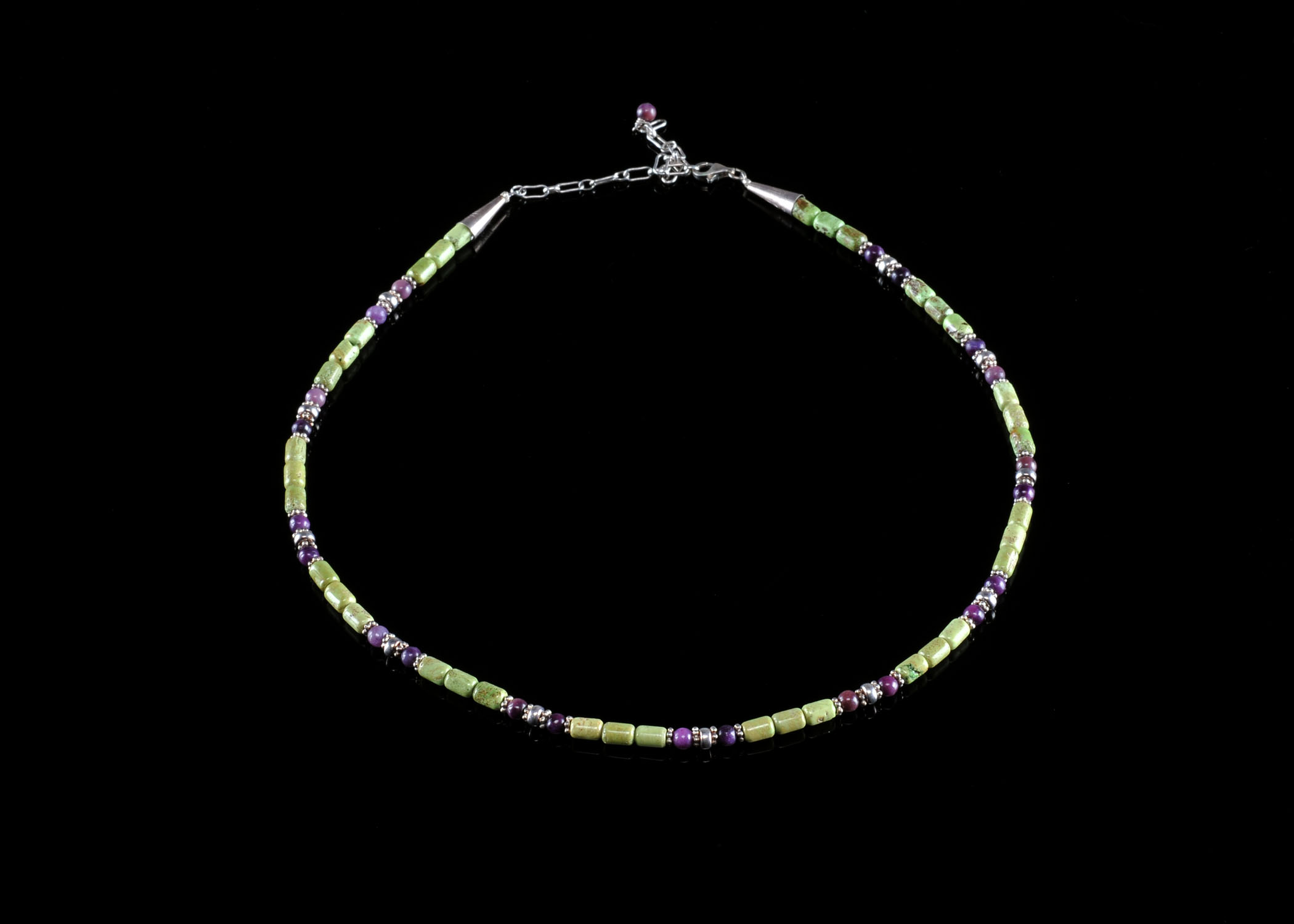 Lady's Modern Navajo Necklace, Turquoise, Sugilite and Sterling Silver