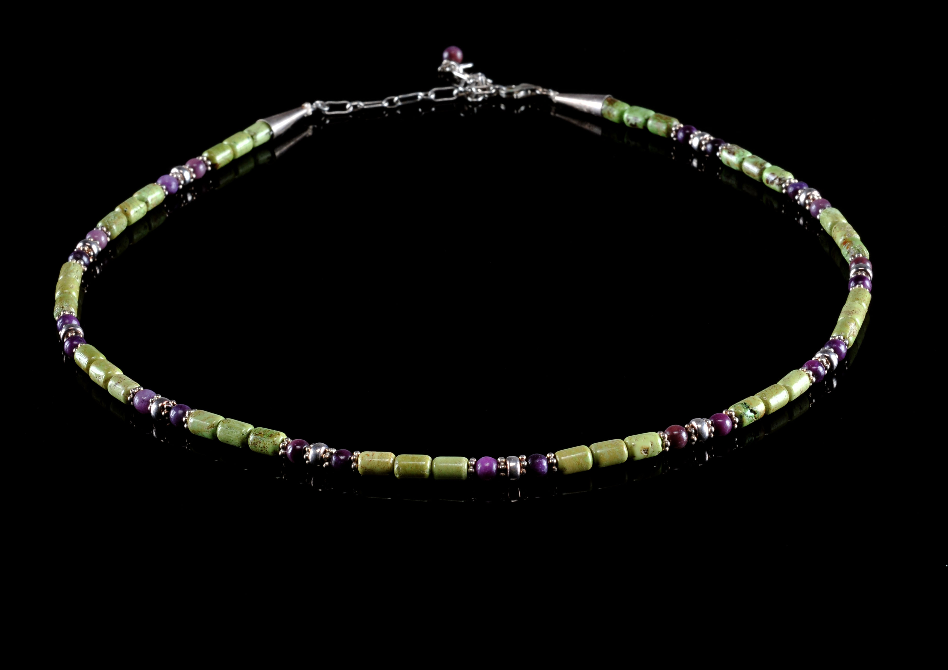 Lady's Modern Navajo Necklace, Turquoise, Sugilite and Sterling Silver