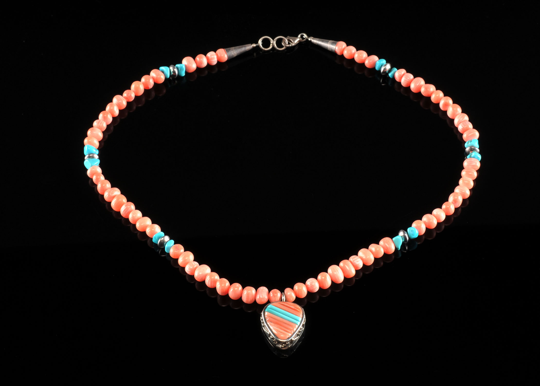 Lady's Modern Navajo Necklace, Turquoise, Salmon Alabaster and Silver