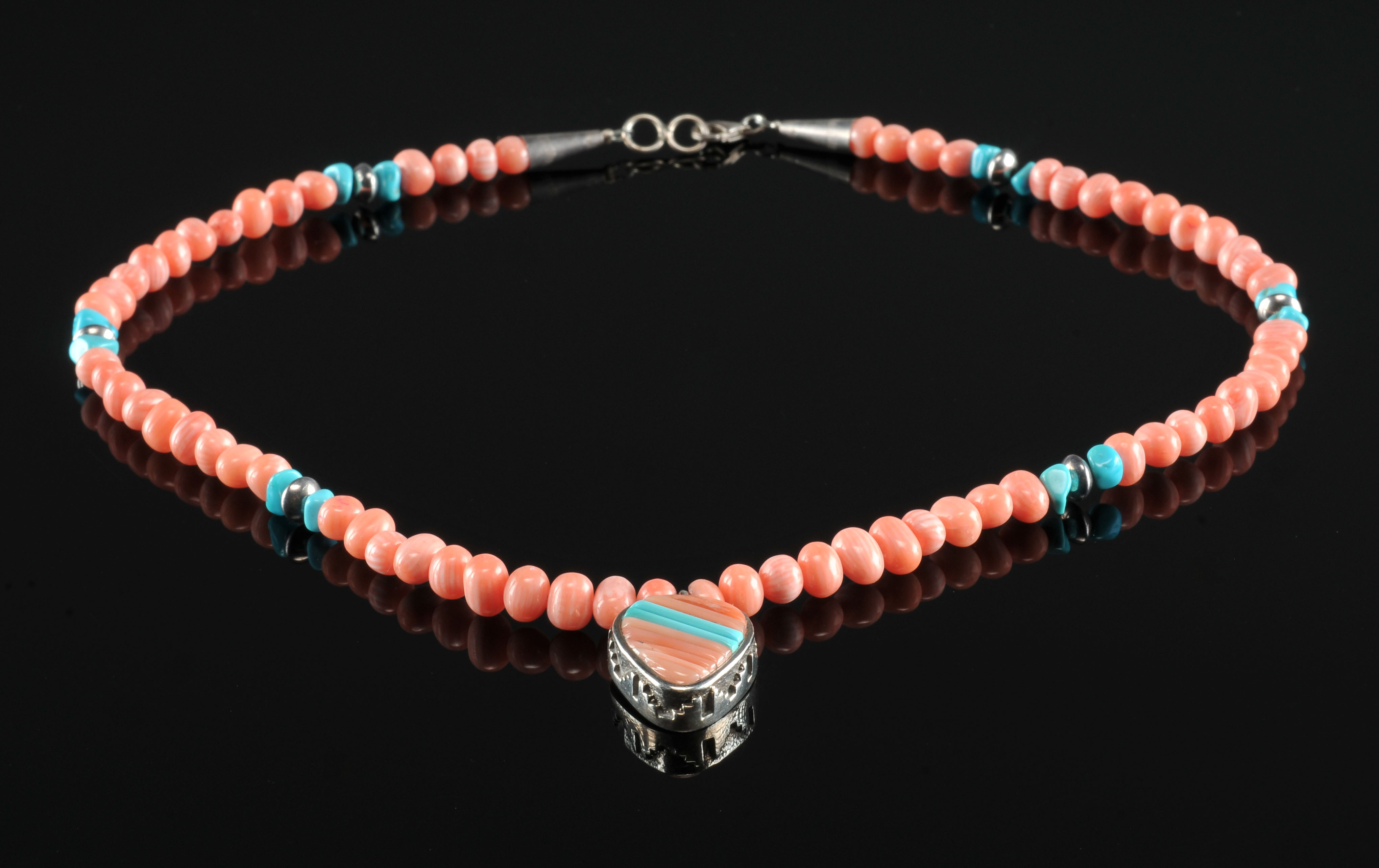 Lady's Modern Navajo Necklace, Turquoise, Salmon Alabaster and Silver