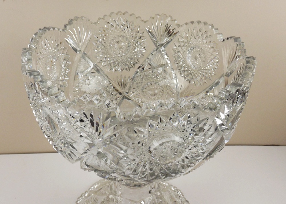 Antique Fine Crystal Cut Glass Punch Bowl on Pedestal
