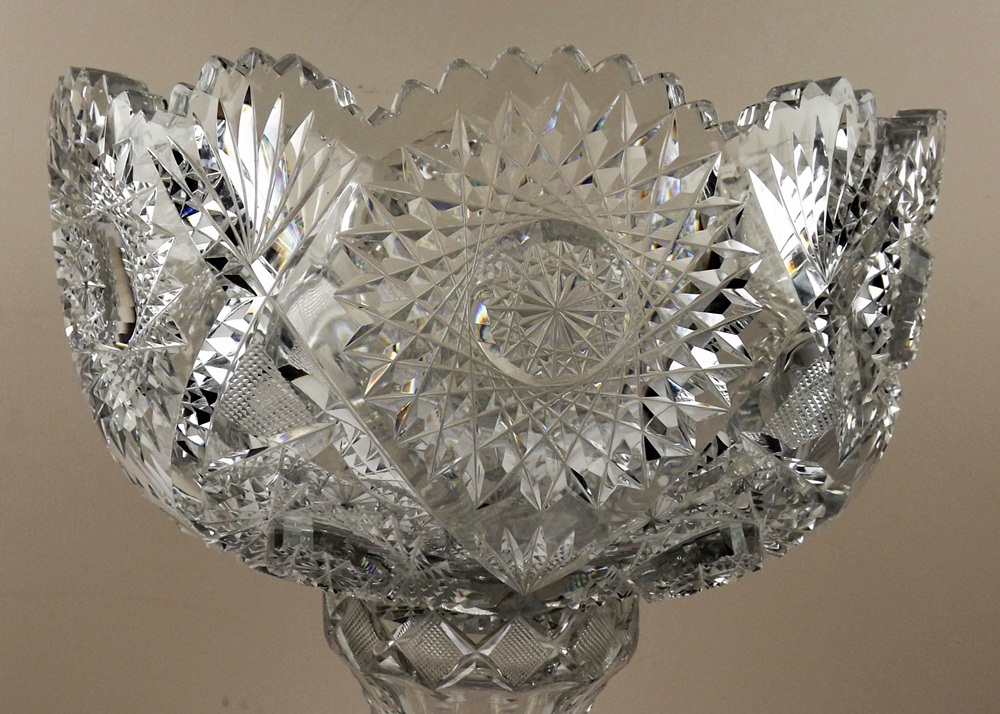Antique Fine Crystal Cut Glass Punch Bowl on Pedestal