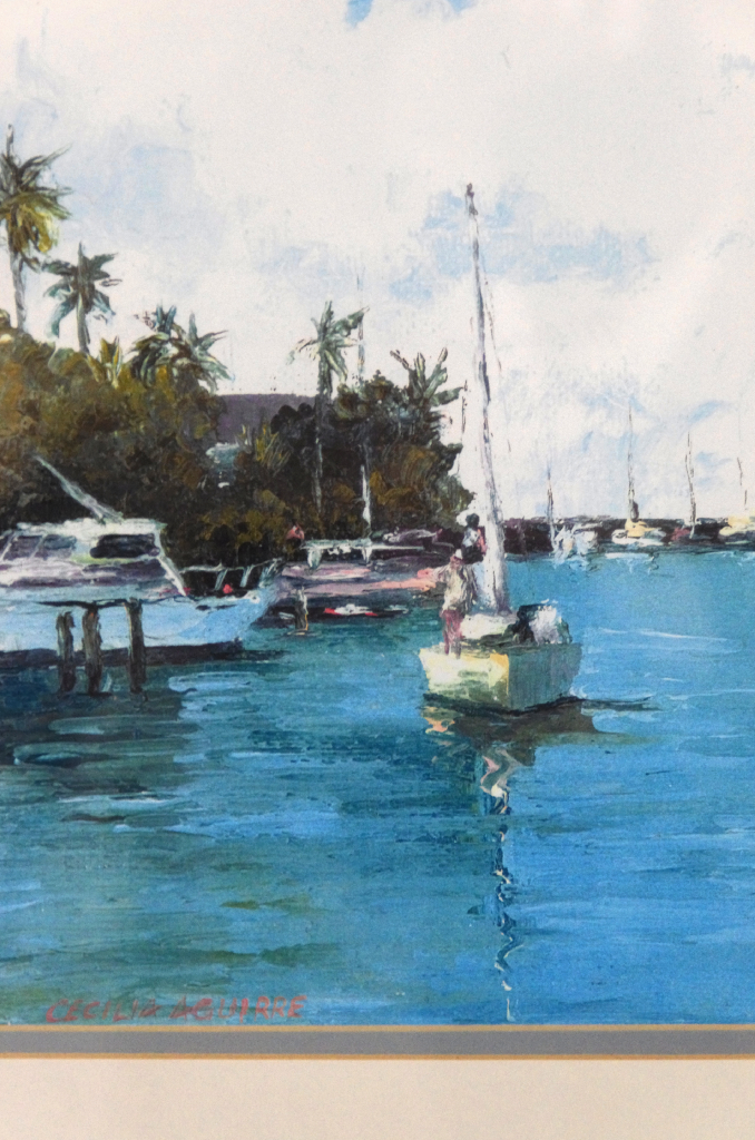 Beautiful Cecilia Aguirre original watercolor painting of a sailboat and quay