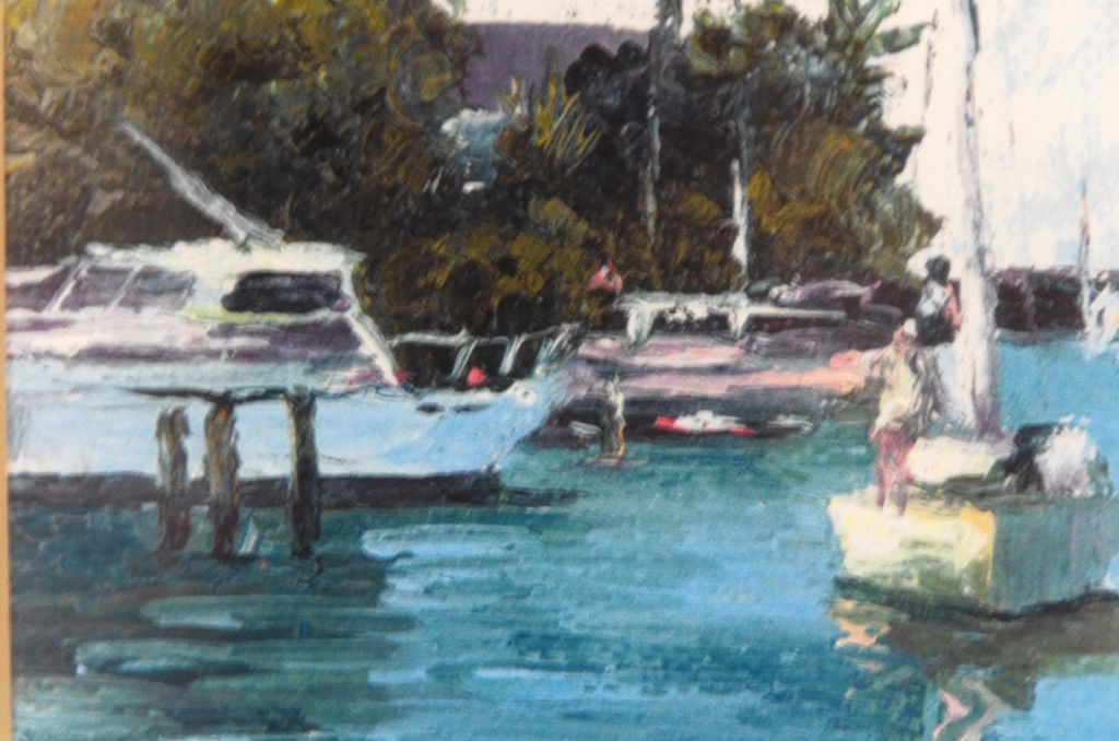 Beautiful Cecilia Aguirre original watercolor painting of a sailboat and quay