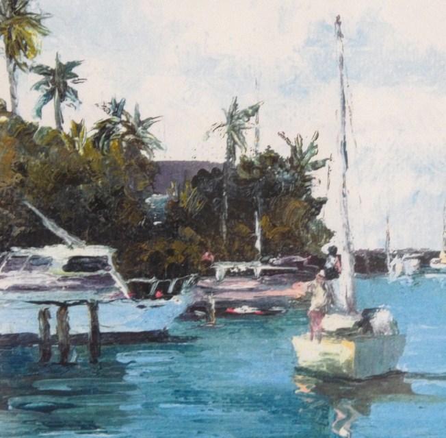 Beautiful Cecilia Aguirre original watercolor painting of a sailboat and quay
