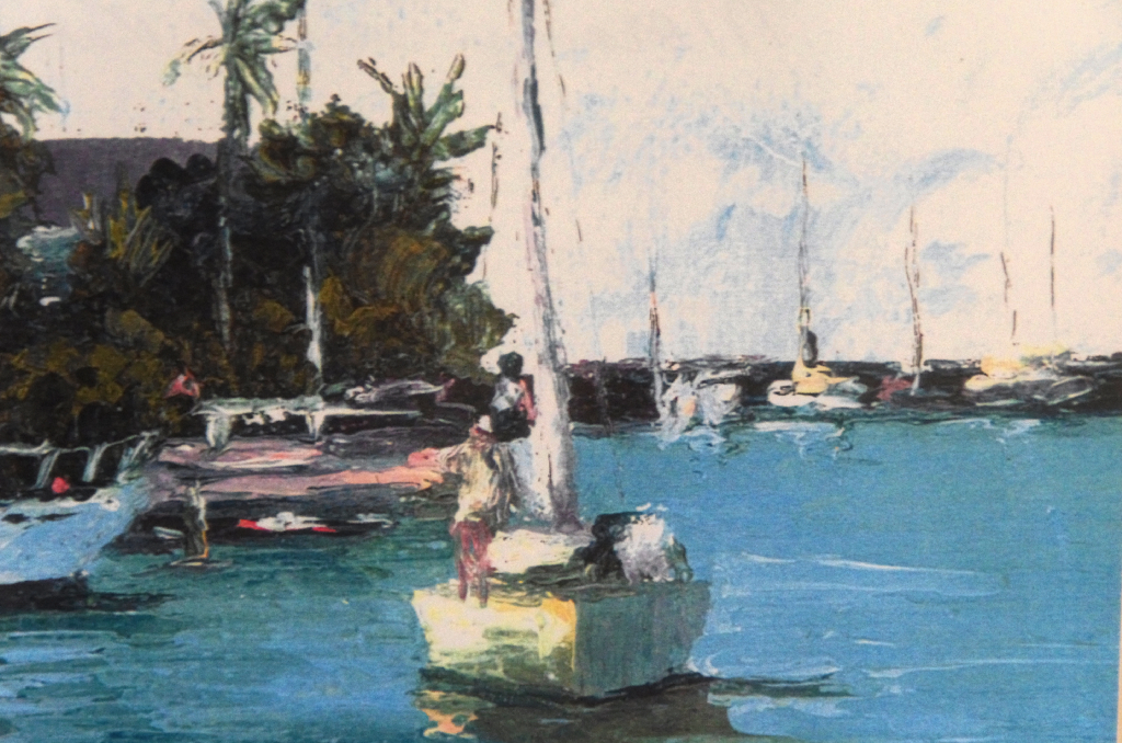 Beautiful Cecilia Aguirre original watercolor painting of a sailboat and quay