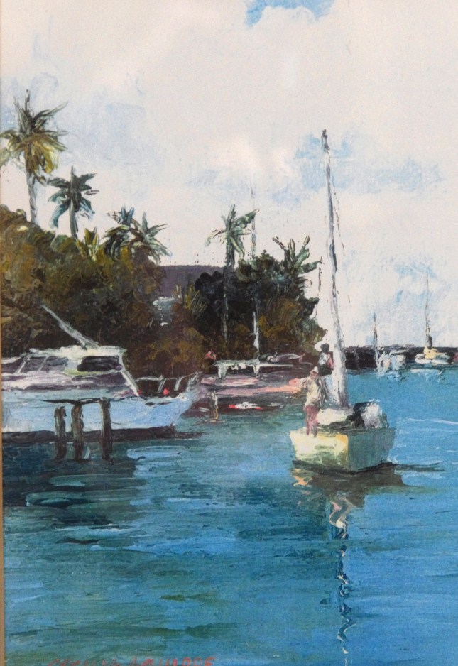 Beautiful Cecilia Aguirre original watercolor painting of a sailboat and quay