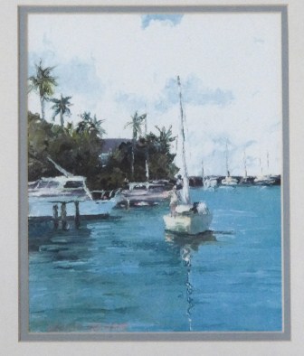 Beautiful Cecilia Aguirre original watercolor painting of a sailboat and quay