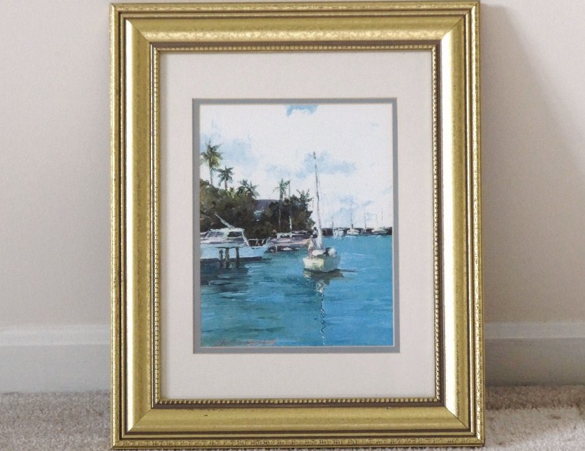 Beautiful Cecilia Aguirre original watercolor painting of a sailboat and quay