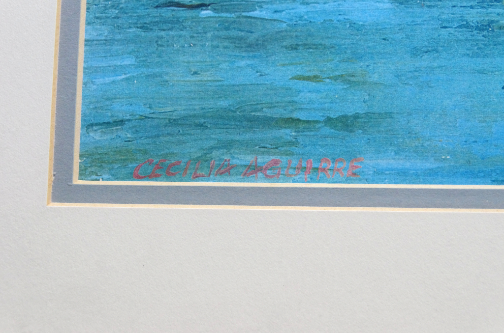 Beautiful Cecilia Aguirre original watercolor painting of a sailboat and quay