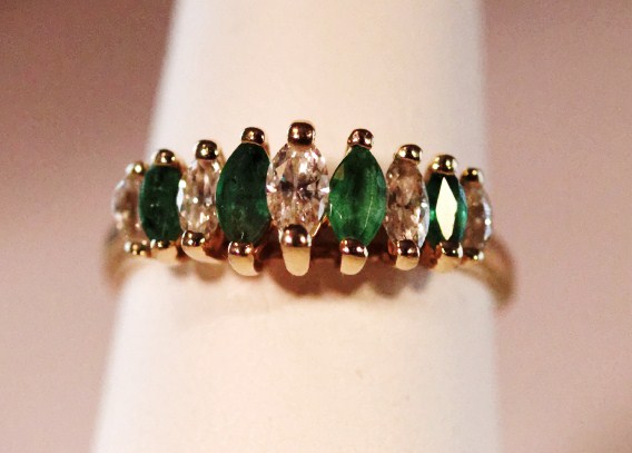 Stunning 14K Gold Ring with alternating marquise cut Diamonds and emeralds