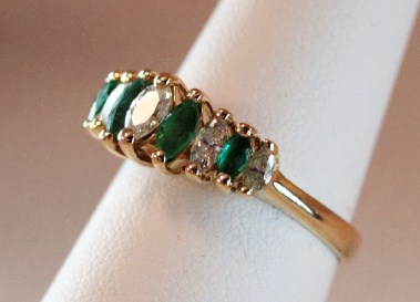 Stunning 14K Gold Ring with alternating marquise cut Diamonds and emeralds