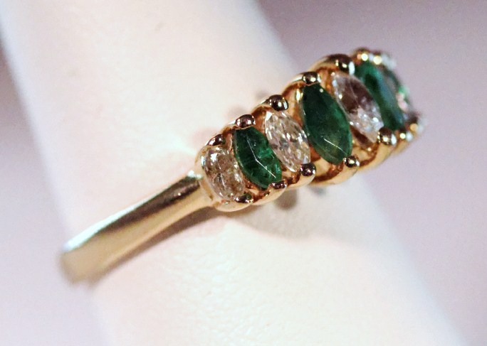 Stunning 14K Gold Ring with alternating marquise cut Diamonds and emeralds