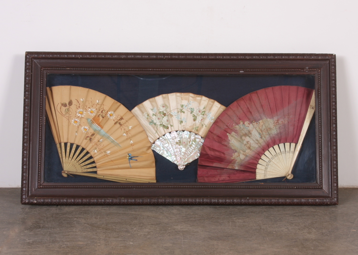 Triplet of Antique Fans Housed in Display Case