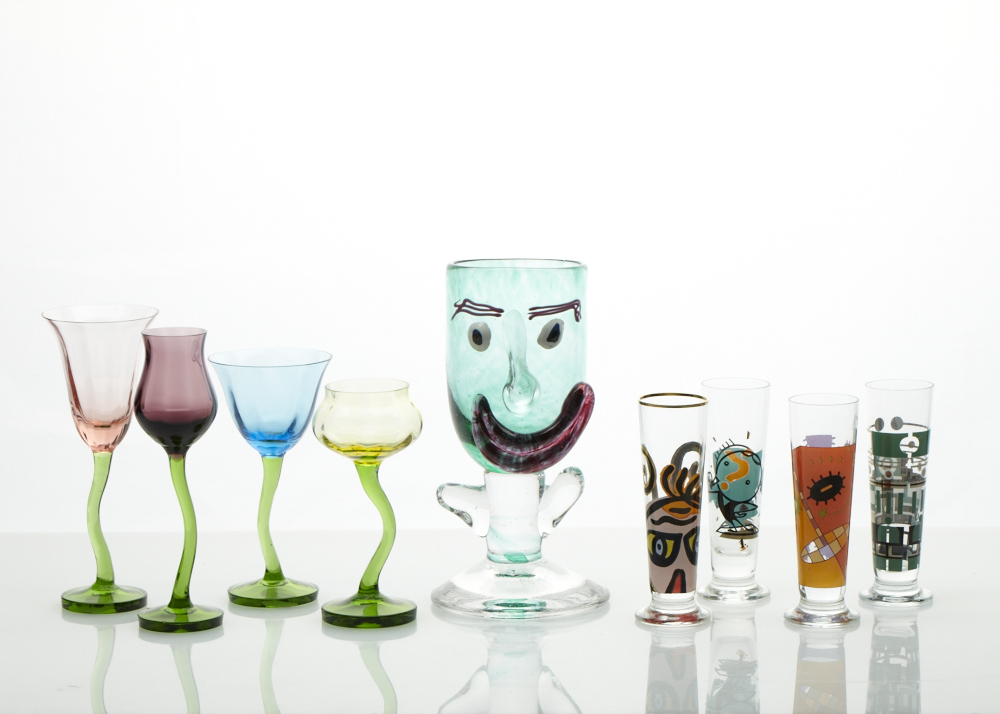 Arthur Allison signed and numbered handblown Face goblet and Bohemian cordials