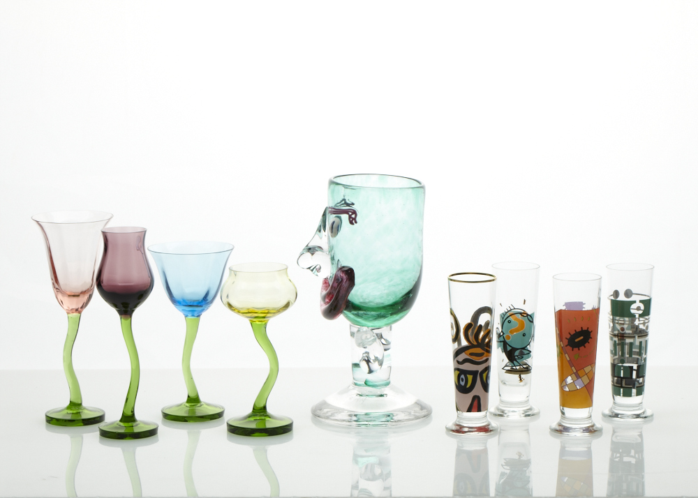 Arthur Allison signed and numbered handblown Face goblet and Bohemian cordials