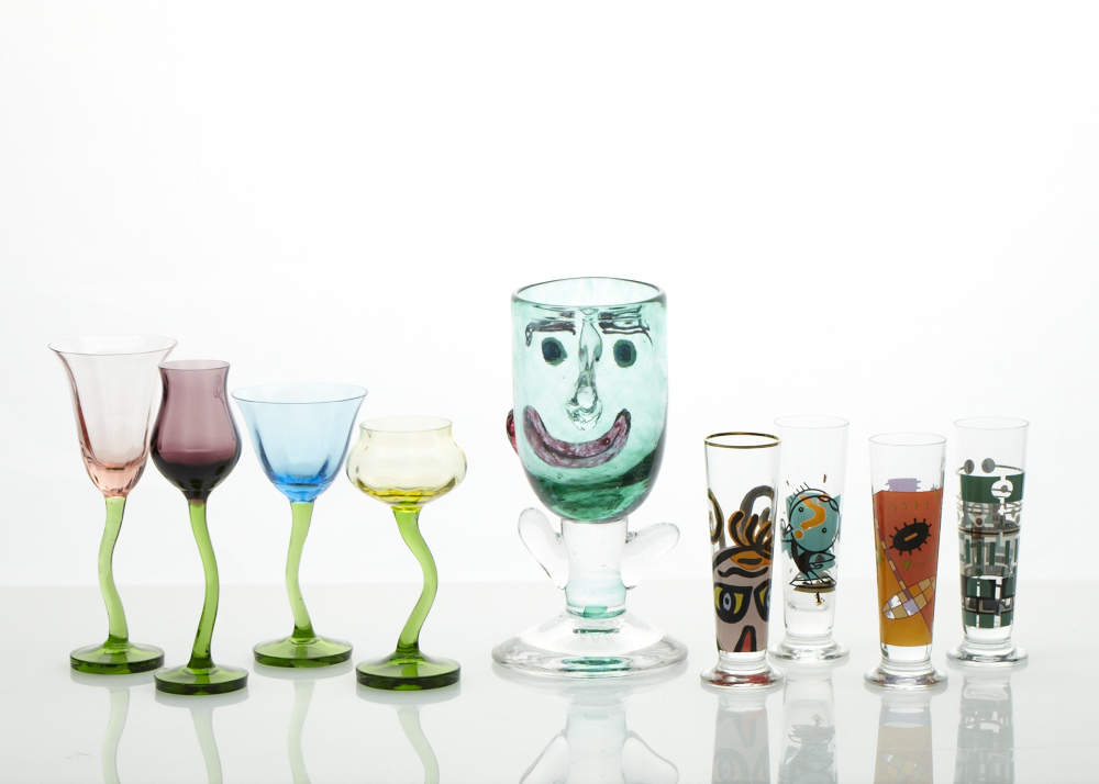 Arthur Allison signed and numbered handblown Face goblet and Bohemian cordials