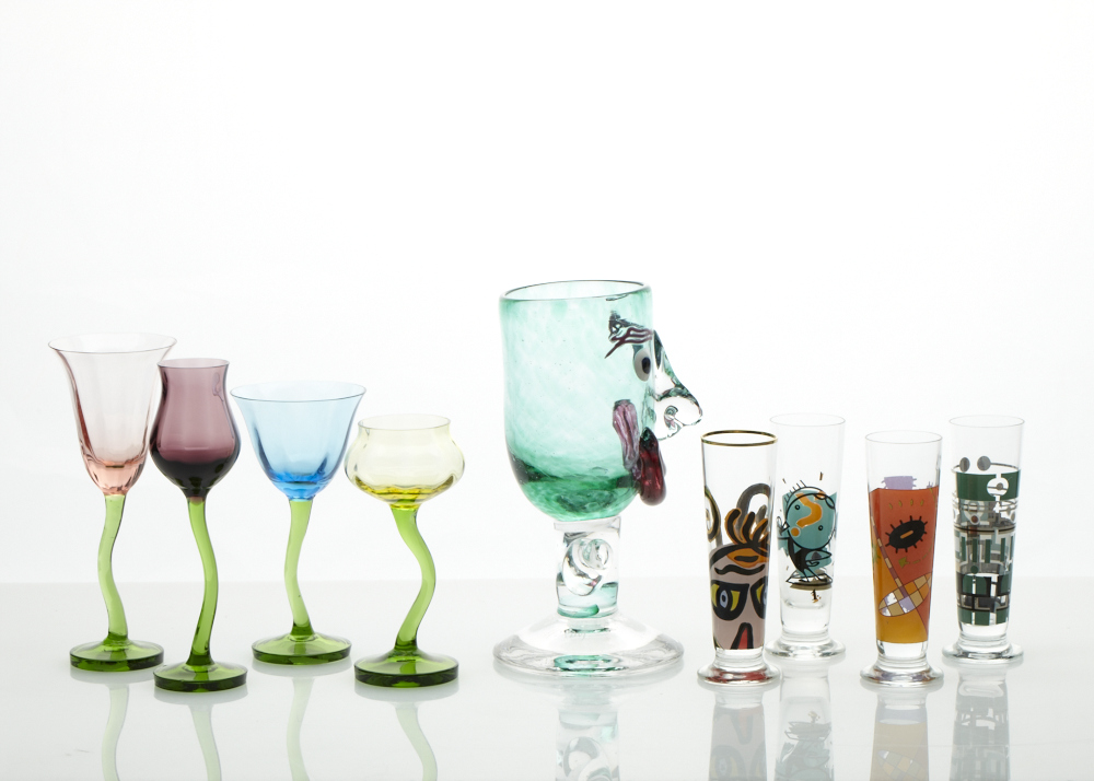 Arthur Allison signed and numbered handblown Face goblet and Bohemian cordials