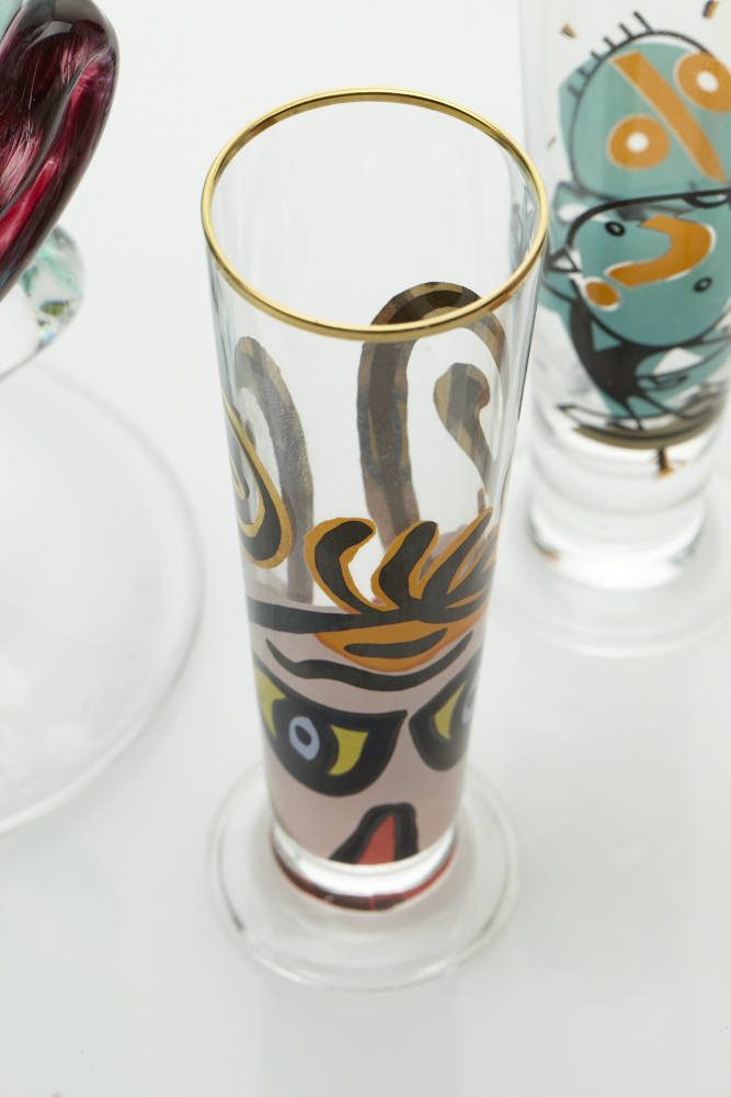 Arthur Allison signed and numbered handblown Face goblet and Bohemian cordials