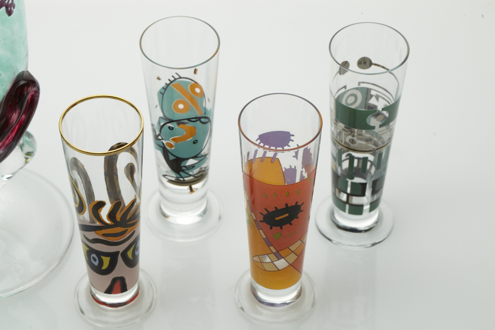 Arthur Allison signed and numbered handblown Face goblet and Bohemian cordials