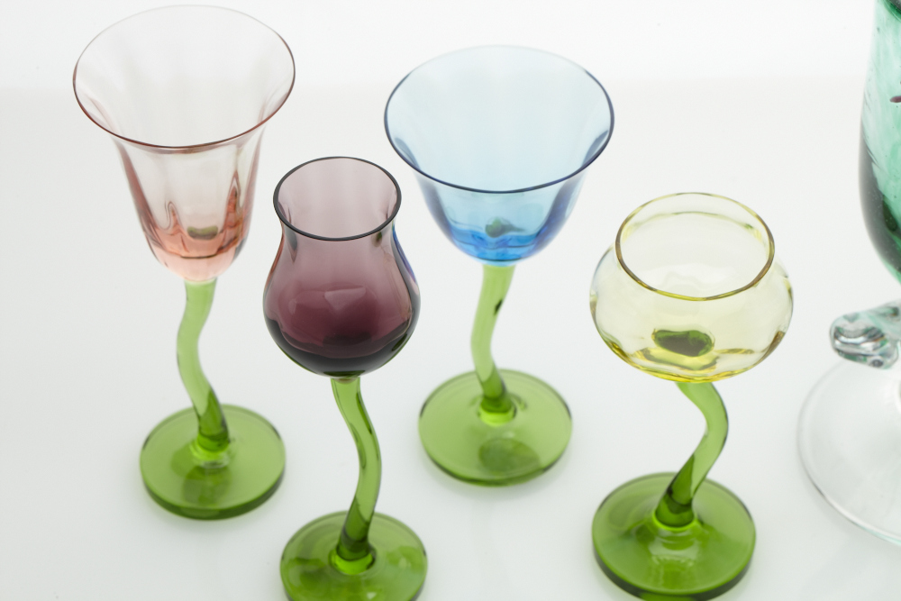 Arthur Allison signed and numbered handblown Face goblet and Bohemian cordials