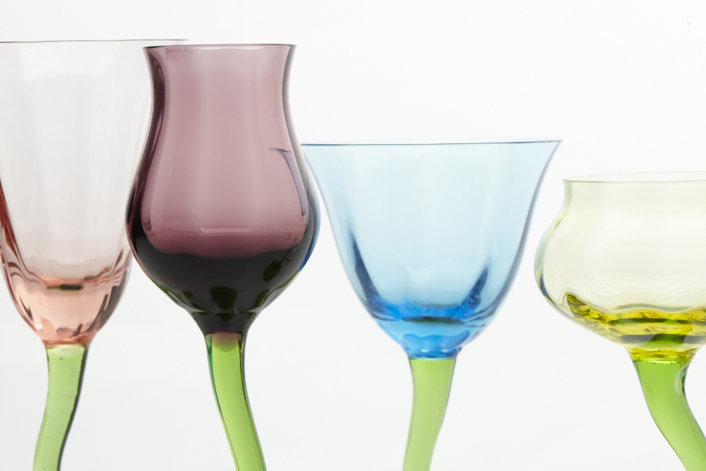 Arthur Allison signed and numbered handblown Face goblet and Bohemian cordials