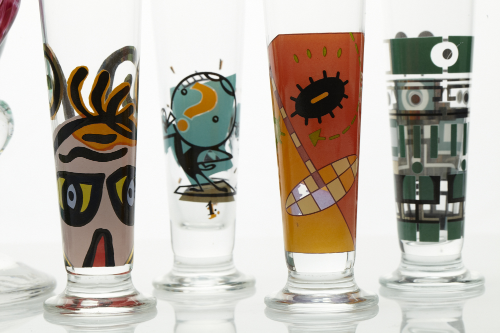 Arthur Allison signed and numbered handblown Face goblet and Bohemian cordials