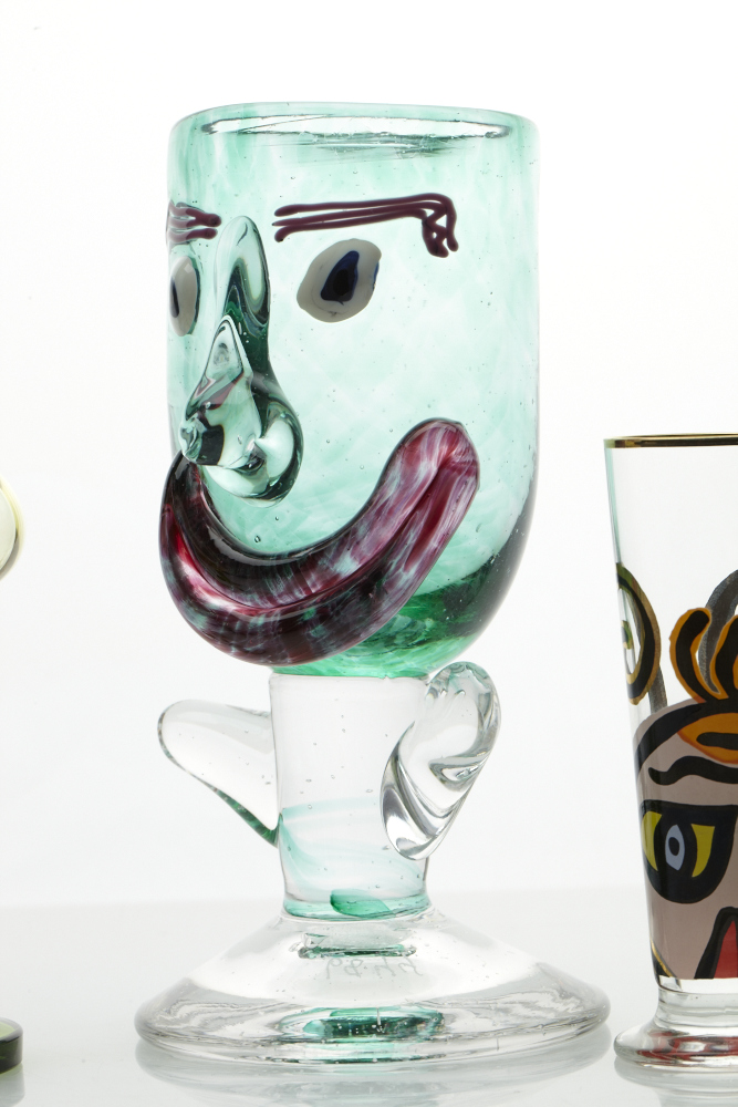 Arthur Allison signed and numbered handblown Face goblet and Bohemian cordials