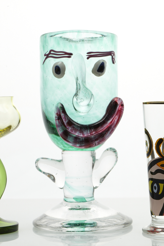 Arthur Allison signed and numbered handblown Face goblet and Bohemian cordials