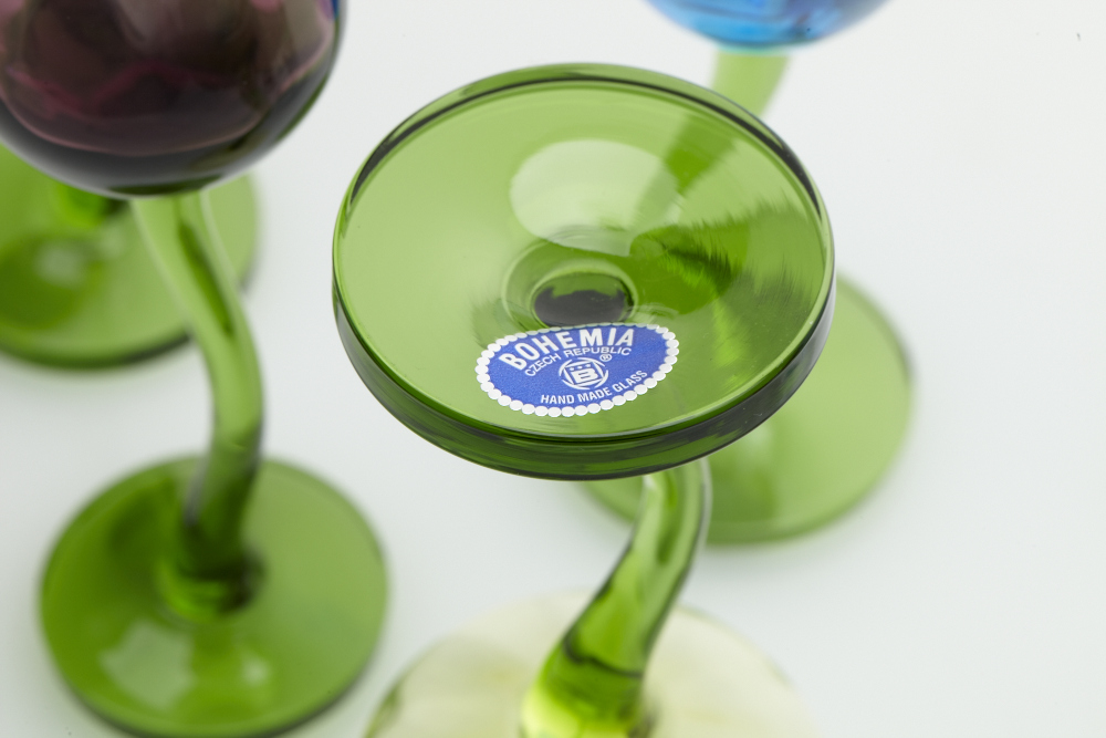 Arthur Allison signed and numbered handblown Face goblet and Bohemian cordials