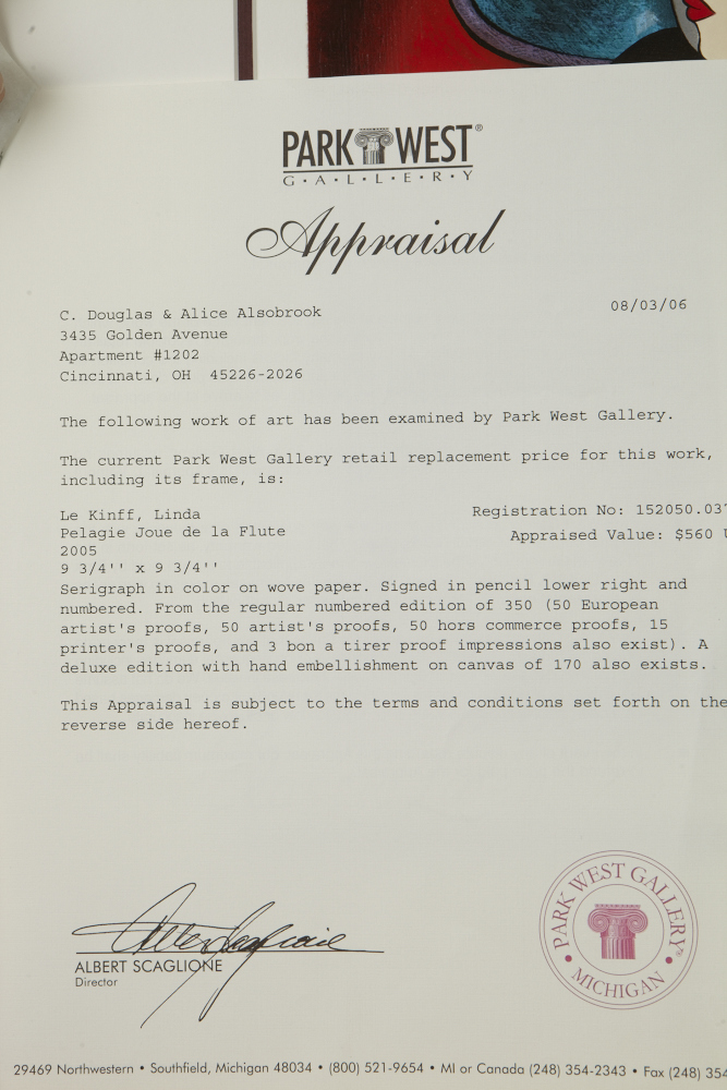 Linda Le Kinff Serigraph "Pelagie Joue de la Flute"