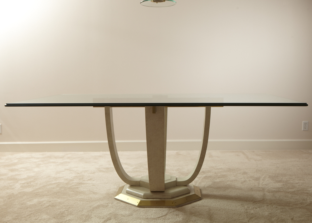 Modern Henredon Dining Table and Chairs, Whitewashed Oak, Brass and Glass