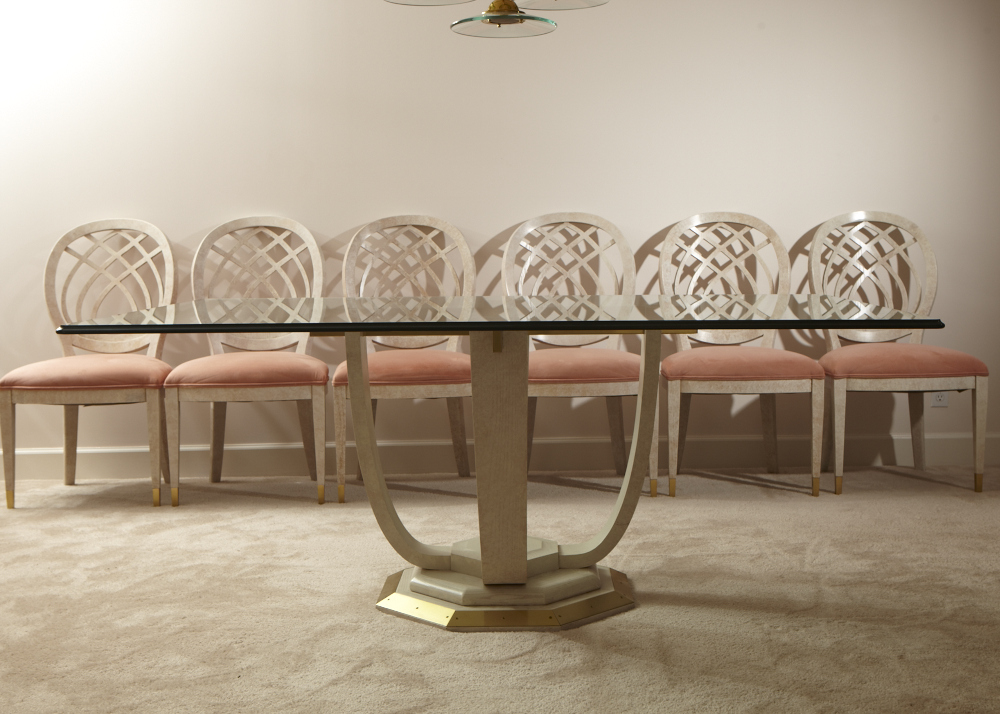 Modern Henredon Dining Table and Chairs, Whitewashed Oak, Brass and Glass