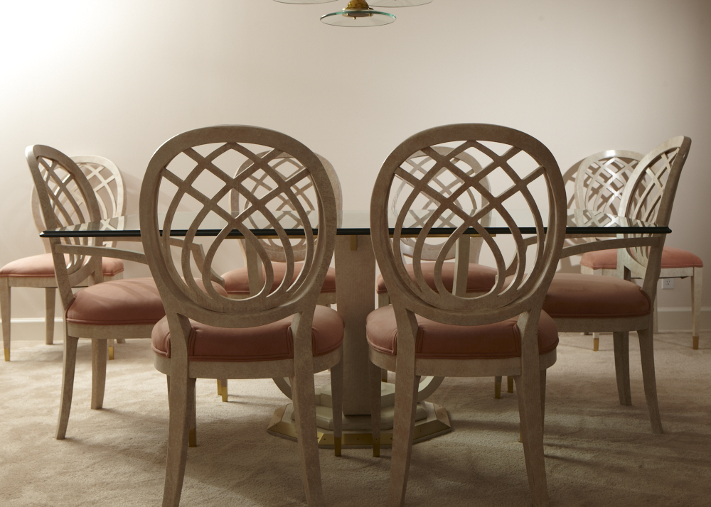 Modern Henredon Dining Table and Chairs, Whitewashed Oak, Brass and Glass