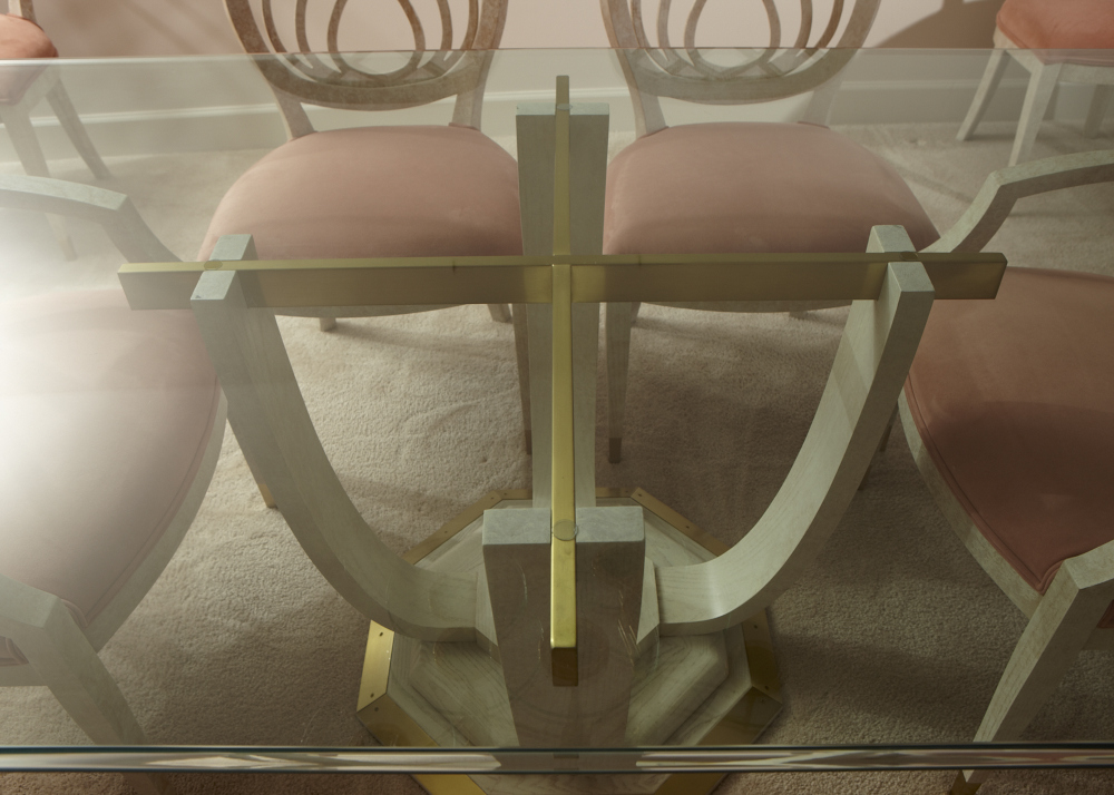 Modern Henredon Dining Table and Chairs, Whitewashed Oak, Brass and Glass