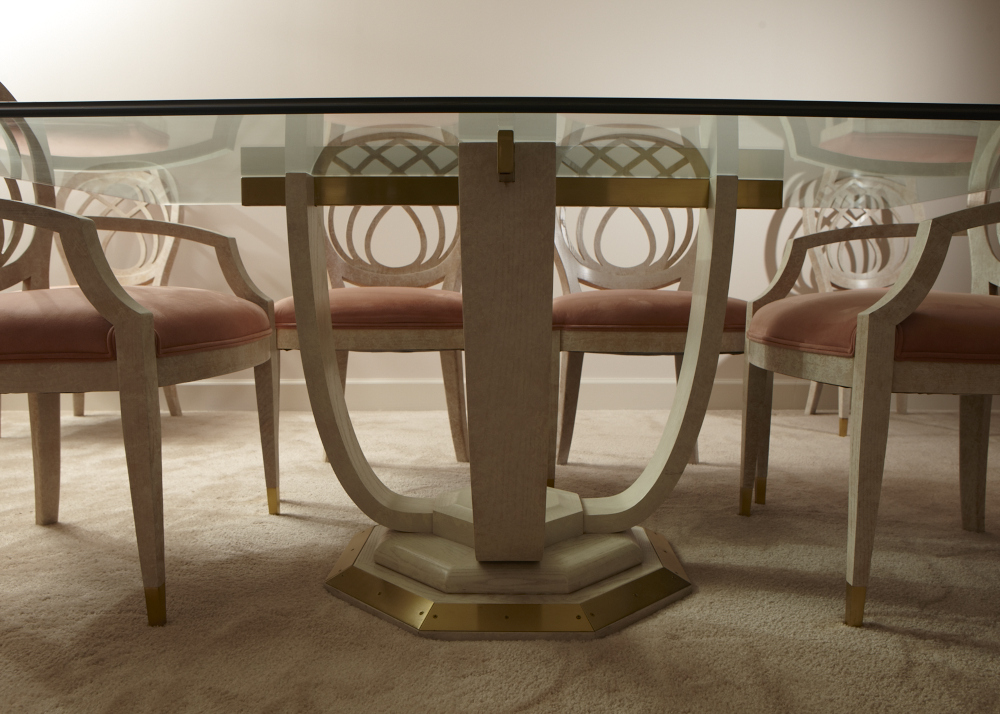 Modern Henredon Dining Table and Chairs, Whitewashed Oak, Brass and Glass