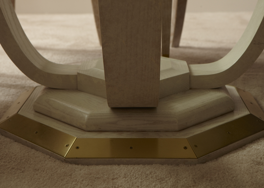 Modern Henredon Dining Table and Chairs, Whitewashed Oak, Brass and Glass