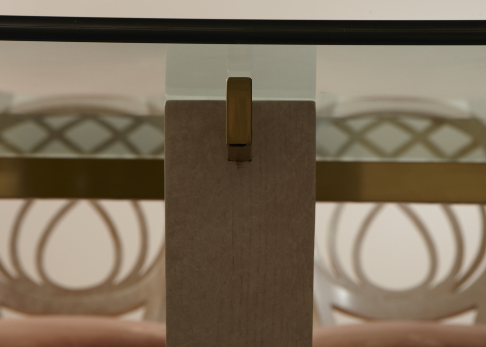 Modern Henredon Dining Table and Chairs, Whitewashed Oak, Brass and Glass