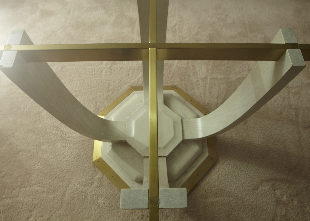 Modern Henredon Dining Table and Chairs, Whitewashed Oak, Brass and Glass