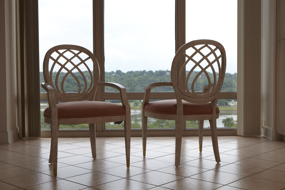 Modern Henredon Dining Table and Chairs, Whitewashed Oak, Brass and Glass